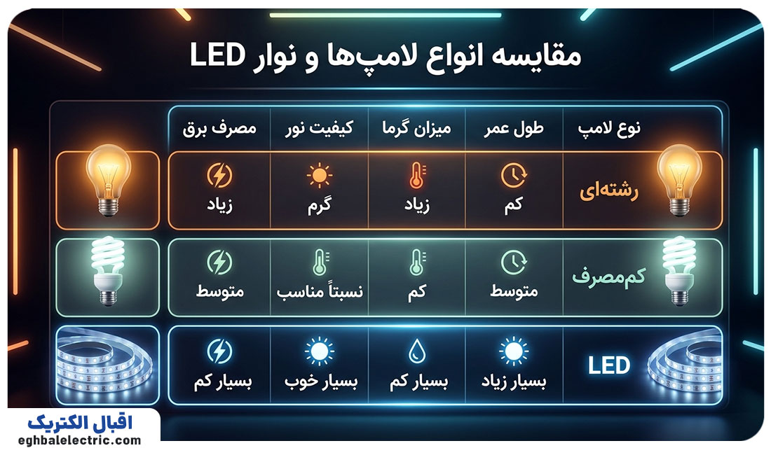 مقایسه لامپ رشتهای، کممصرف و LED